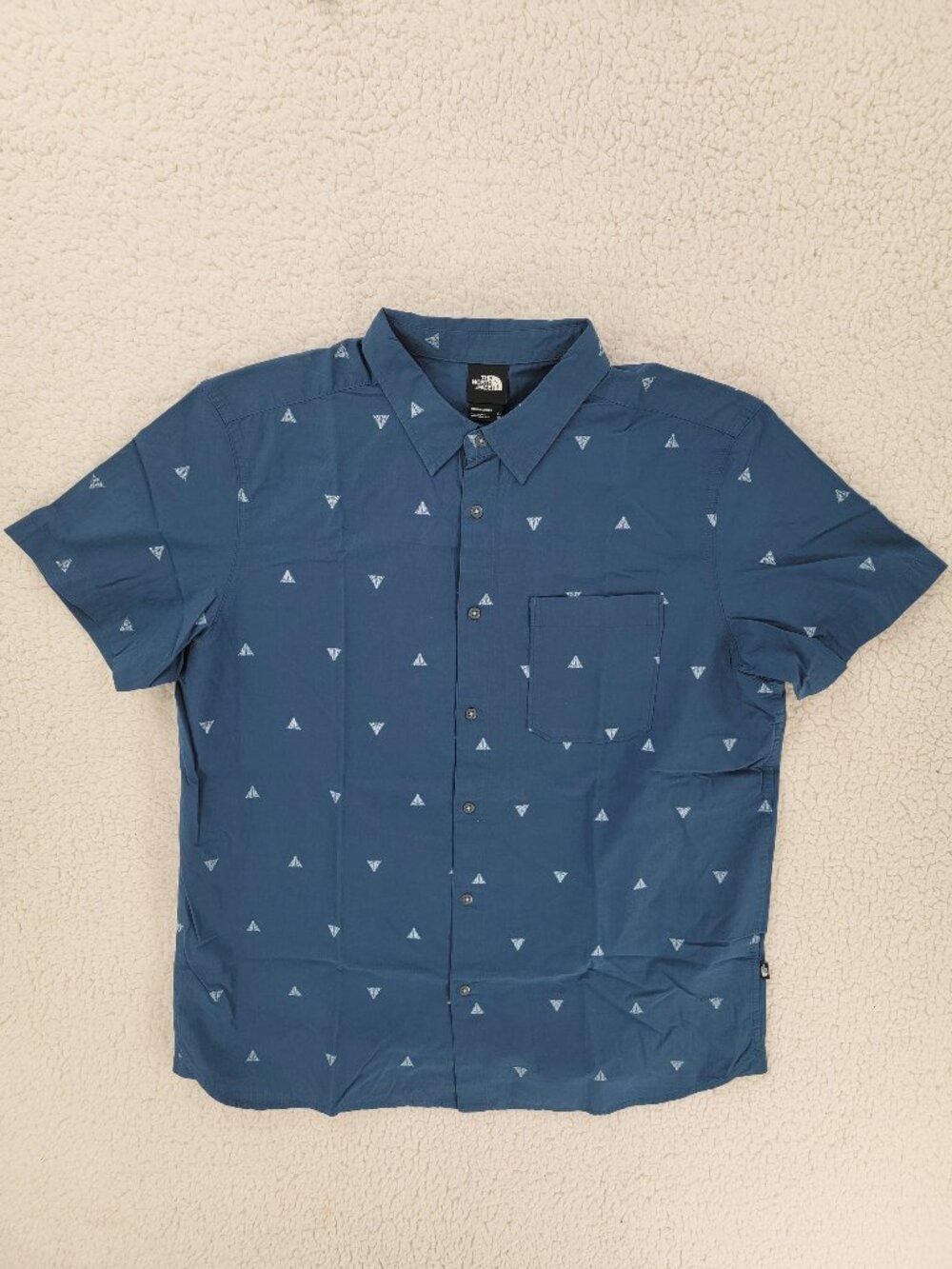 The North Face Mens Blue Tree Embroidered Button Short Sleeve Shirt Sz XL